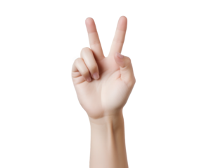 A human hand making the peace sign with two fingers raised against a clean transparent background, symbolizing victory, success, or a positive affirmation