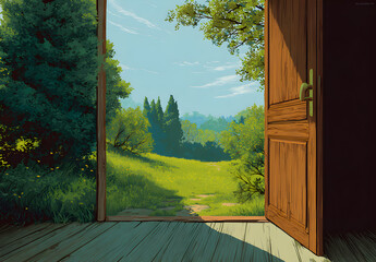 Open wooden door reveals a lush green meadow on a bright sunny day, inviting exploration and a sense of peaceful escape.
