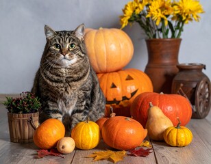 A tabby cat is nestled among pumpkins, gourds, a jack-o’-lantern, and yellow flowers, surrounded by rustic vases and autumn leaves