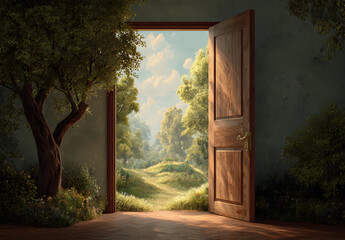 Open wooden door reveals a lush green landscape with rolling hills and trees, bathed in sunlight, creating a sense of hope and new beginnings.