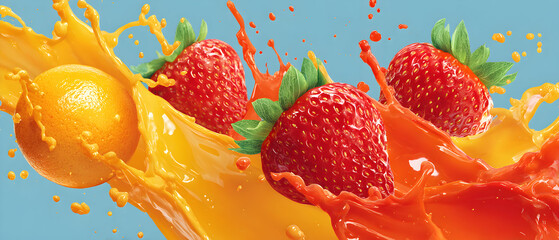 Orange and strawberries splashing into vibrant juice against a light blue backdrop create a refreshing and energetic scene, perfect for summer advertising.