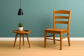 Fototapeta premium Wooden ladder-back chair beside round table with potted plant and smartphone in cozy minimalist living room interior – Scandinavian modern furniture, teal wall, stylish home decor