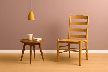 Obraz premium Light wooden ladder-back chair beside a round table with coffee cup and book in cozy minimalist living room interior – Scandinavian furniture, warm neutral tones, stylish home decor