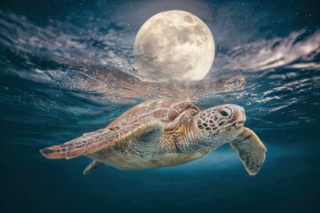 Obraz premium Premium high-quality surreal sea turtle underwater with luminous full moon backdrop, inspiring modern travel and adventure marketing for Gen Z social campaigns
