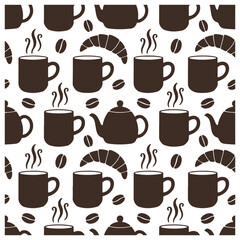 Seamless coffee pattern vector illustration with tea cups, coffee mugs, croissant, teapot, kettle, cafe icons for packaging, background, textile, wallpaper, restaurant branding design