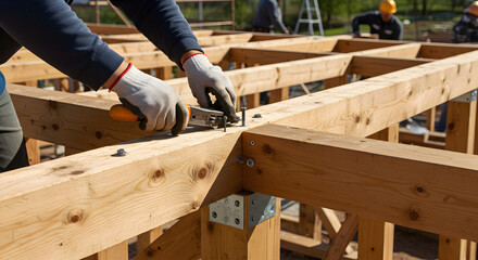 Close-up of worker's hands securing wooden beams with metal bracket during house frame construction