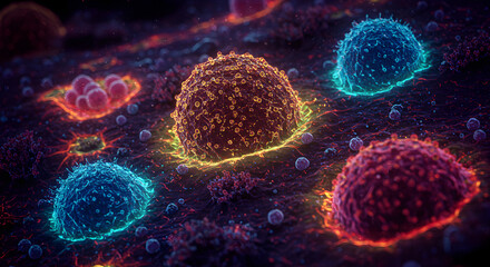 Vibrant Glowing Microscopic Cells. Abstract Scientific Visualization of Cellular Structures, Nanotechnology, or Biological Processes and Organisms.