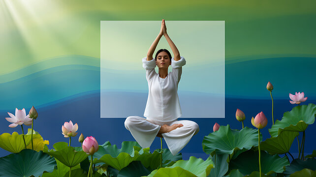 Woman practicing yoga in lotus position amidst lotus flowers and serene natural background