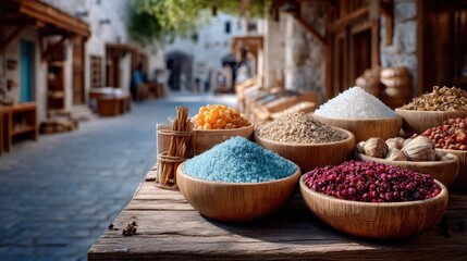 Vibrant Spices and Grains in Rustic Wooden Bowls at Outdoor Marketplace with Stone Buildings in Soft Natural Light