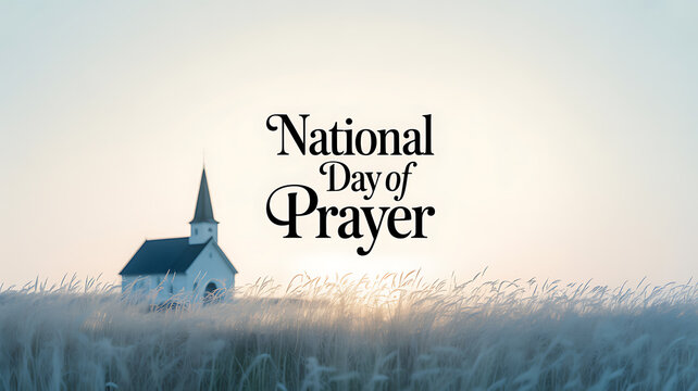 A small white church with a steeple stands in a field of tall grass at dawn, with the text 'National Day of Prayer' displayed.