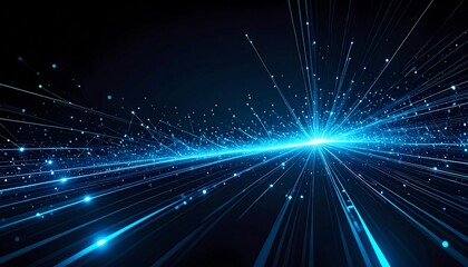 Fototapeta premium ハイパースピードなデジタル背景：青く輝く光の軌跡と粒子Generated image