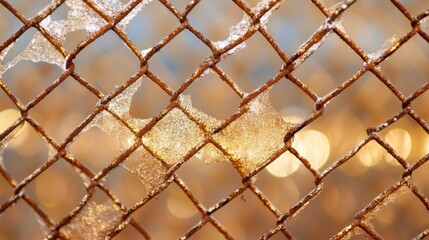Fototapeta premium Rusty mesh fence with golden light filtering through, evoking vintage atmosphere