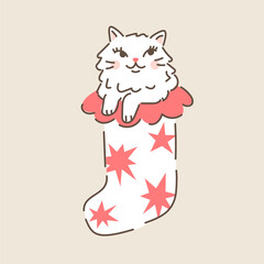 Cute white fluffy cat in Christmas stocking. Hand drawn vector illustration in vintage style. Funny retro pet character card template. Holiday winter kitty isolated.