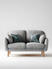 Grey Sofa with Green Cushions on White Backdrop Interior Design
