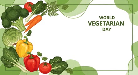 Celebrating World Vegetarian Day with a vibrant border of fresh, colorful vegetables, promoting healthy eating and plant-based lifestyles