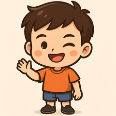 Obraz premium A cheerful cartoon boy with a friendly smile and a playful wink waves happily, expressing joy and a welcoming gesture.