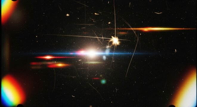 Abstract anamorphic lens flare with colorful light leaks and dust particles on a dark background.