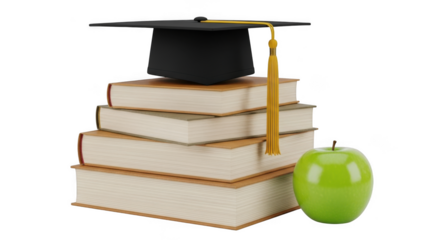 Stack of books with graduation cap and green apple symbolizing education and success