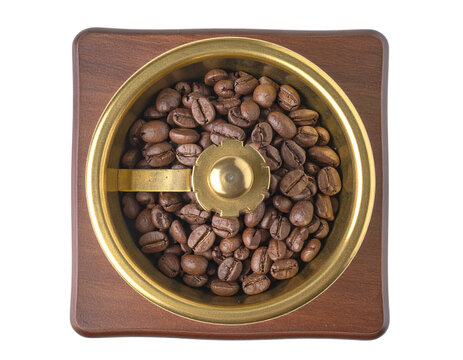 Top-Down View of Gold Coffee Grinder with Beans Overflowing from Hopper, isolated on transparent background PNG - Powered by Adobe