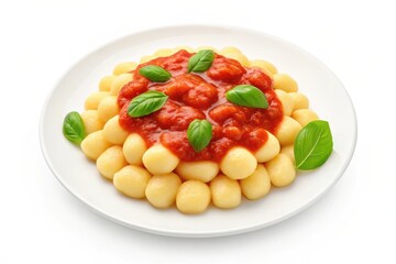 Delicious gnocchi with tomato sauce and fresh basil isolated on white background