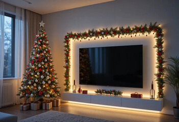 Modern TV set on light wall in room decorated for Christmas. Christmas room. 3d rendering.