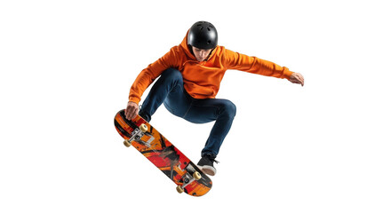 Dynamic skateboarder performing aerial trick captured mid-air action shot