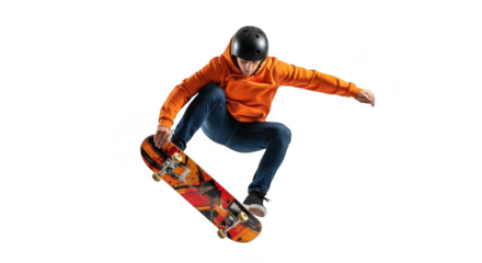 Dynamic skateboarder performing aerial trick captured mid-air action shot