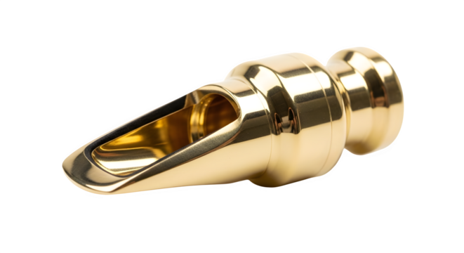 Golden saxophone mouthpiece isolated on transparent background, a crucial component for producing rich and expressive tones in jazz and classical music