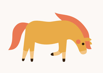 Cute chestnut horse with red mane. Hand drawn flat vector illustration. Funny animal isolated on white. 2026 Lunar New year design. Cool comic farm character, kids poster, card, social media banner.
