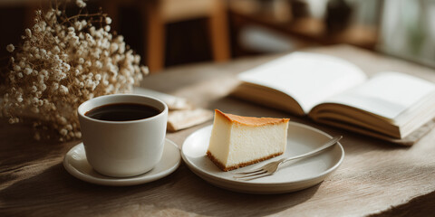 Slice of classic cheesecake sits on white ceramic plate beside cup of coffee on wooden table, with open book and dried flowers in background, creating cozy atmosphere