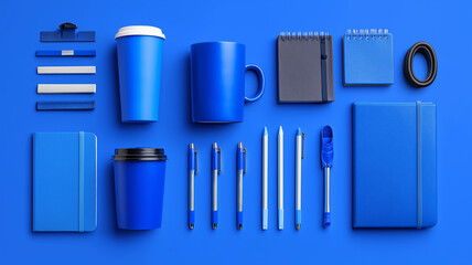 Collection of blue office supplies and stationery items including notebooks, pens, mugs, and coffee cup arranged neatly on blue background