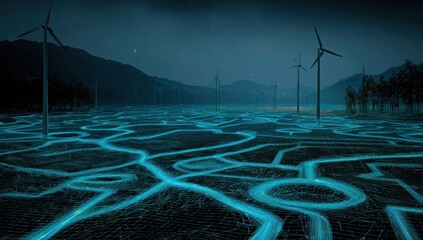 A network of glowing pathways across a wind farm at night, illuminated by a futuristic energy system.