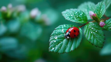Vibrant Ladybug Perched on Dew Kissed Green Leaf in Natural Light Close Up Macro with Blurred Green Background