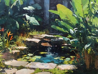 Lush Tropical Garden Painting with Turquoise Pond and Cascading Water