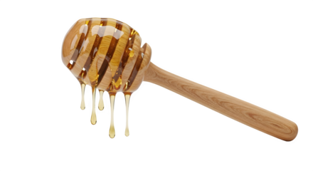 Wooden honey dipper with dripping honey isolated on transparent background, showcasing the natural sweetness and golden hue of the delicious treat