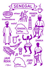 Senegalese Culture Illustration Set – Traditional People, Music, Dance, Food, and Symbols