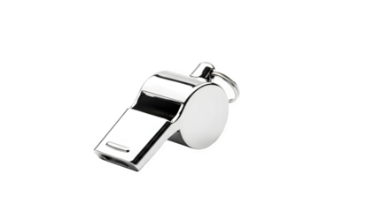 Shiny metal whistle isolated on transparent background, a classic tool for referees, coaches, and lifeguards, ensuring clear communication and safety