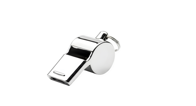 Shiny metal whistle isolated on transparent background, a classic tool for referees, coaches, and lifeguards, ensuring clear communication and safety