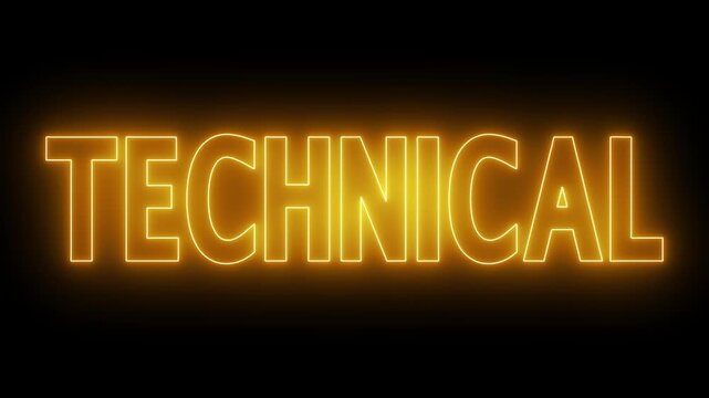 Animated glowing flickering neon inscription technical. neon technical text animation