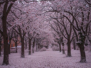 Fototapeta premium Snowy landscape with pink cherry blossom trees lining a pathway, creating a serene winter atmosphere