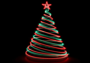 Christmas tree glows with festive light trails a red star adorns the bright tree