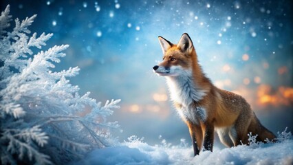 Obraz premium Majestic Red Fox in a Winter Wonderland, Surrounded by Sparkling Snow and Frost-Covered Branches