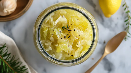 Overhead shot of homemade sauerkraut in a glass jar, with garlic, lemon, and a golden spoon on a marble surface.