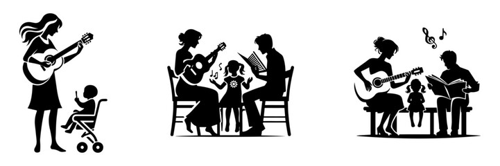 Modern Minimalist Woman Playing Music With Family Icon, Flat Silhouette of a Parenthood Vector for Musical Illustration Design
