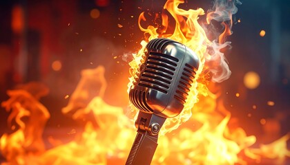 Retro microphone in fiery flames