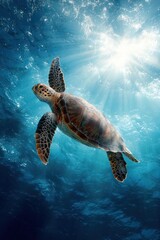 Fototapeta premium A sea turtle gracefully swims in the vibrant blue depths, sunlight illuminating its path.