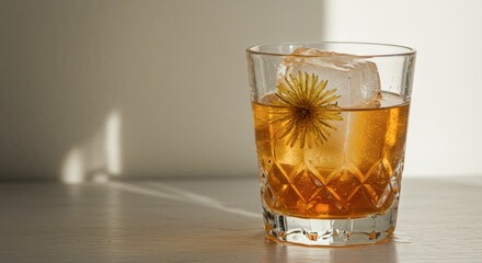 Refreshing cocktail in glass with ice