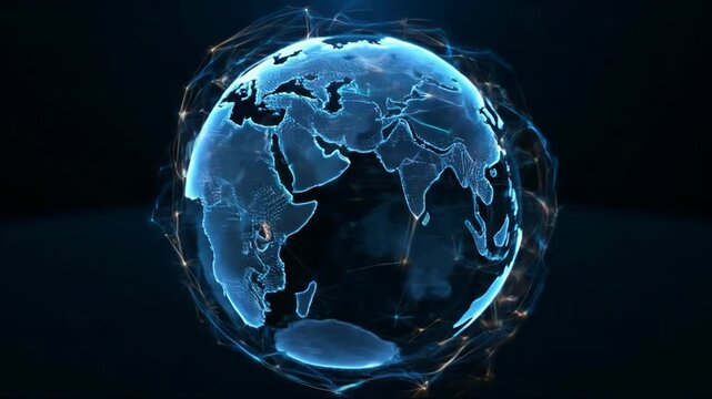 Dynamic blue globe with glowing connections showcases global network technology for modern businesses, emphasizing connectivity and innovation in a digital world