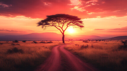 Obraz premium Dirt road leading to a silhouetted acacia tree on a savanna at sunset with mountains in the distance