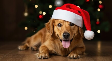Festive dog with santa hat cozy living room pet holiday decor warm atmosphere joyful spirit